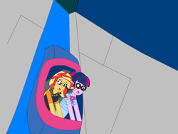 Size: 1440x1080 | Tagged: safe, artist:eli-j-brony, imported from derpibooru, sci-twi, sunset shimmer, twilight sparkle, equestria girls, equestria girls series, boat, bow, clothes, glasses, leather vest, reference, spongebob squarepants, tunnel of glove, waterfall