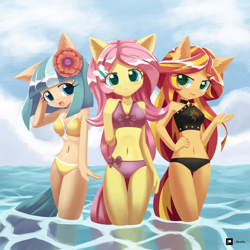 Size: 1250x1250 | Tagged: safe, artist:howxu, imported from derpibooru, coco pommel, fluttershy, sunset shimmer, anthro, earth pony, pegasus, unicorn, equestria girls, adorasexy, belly button, bikini, blushing, breasts, busty coco pommel, busty fluttershy, busty sunset shimmer, cleavage, clothes, cloud, cocobetes, cute, ear fluff, eyelashes, female, hand on hip, howxu is trying to murder us, legs in the water, looking at you, open mouth, patreon, patreon logo, sexy, shimmerbetes, shyabetes, sky, standing in water, swimsuit, trio, water