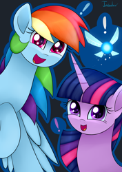 Size: 2480x3507 | Tagged: safe, artist:twidasher, imported from derpibooru, rainbow dash, twilight sparkle, fairy, pegasus, pony, crossover, exclamation point, female, hey listen, lesbian, looking at you, navi, shipping, the legend of zelda, trio, twidash