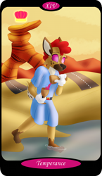 Size: 1500x2591 | Tagged: safe, artist:sixes&sevens, imported from derpibooru, oc, oc only, oc:harlequin, draconequus, alcohol, crown, cup, desert, draconequus oc, jewelry, lake, major arcana, mountain, mountain range, nonbinary, pouring, regalia, road, solo, tarot card, temperance, wine