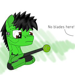 Size: 1200x1200 | Tagged: safe, artist:zocidem, imported from derpibooru, oc, oc only, oc:wrench, cyborg, earth pony, pony, augmented, blades, solo, tennis ball