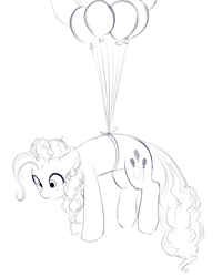 Size: 1573x1968 | Tagged: safe, artist:some_ponu, imported from derpibooru, pinkie pie, earth pony, pony, balloon, floating, monochrome, sketch, solo, then watch her balloons lift her up to the sky