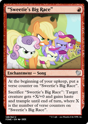 Size: 375x523 | Tagged: safe, edit, imported from derpibooru, alula, applecore, applejack, berry punch, berryshine, carrot top, cloud kicker, dinky hooves, golden harvest, noi, piña colada, pluto, sweetie belle, friendship is witchcraft, sisterhooves social, bandana, ccg, hat, implied sweetie bot, magic the gathering, trading card, trading card edit