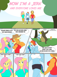 Size: 3061x4125 | Tagged: safe, artist:matchstickman, imported from derpibooru, applejack, fluttershy, rainbow dash, anthro, bear, earth pony, pegasus, plantigrade anthro, comic:now i'm a jerk, abs, applejacked, biceps, breasts, busty applejack, busty fluttershy, busty rainbow dash, clothes, comic, commission, deltoids, dialogue, female, mare, midriff, muscles, rainbuff dash, shirt, sleeveless, sleeveless shirt, speech bubble, thought bubble, trio