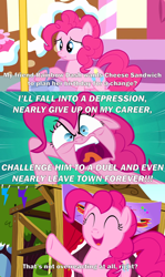 Size: 2000x3362 | Tagged: safe, edit, edited screencap, imported from derpibooru, screencap, pinkie pie, pinkie pride, angry, caption, comic, eyes closed, faic, image macro, implied cheese sandwich, implied rainbow dash, open mouth, overreaction, sad, screencap comic, scrunchy face, smiling, text