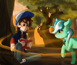 Size: 1195x1024 | Tagged: safe, artist:yuris, imported from derpibooru, lyra heartstrings, human, pony, unicorn, book, butt, cap, crossover, dipper pines, forest, gravity falls, hat, plot, sunset, tree, wood, yellow eyes