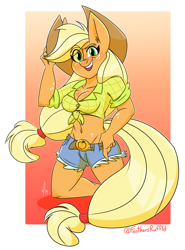 Size: 1359x1837 | Tagged: safe, artist:feathers-ruffled, imported from derpibooru, applejack, anthro, earth pony, 2020, applejack's hat, arm freckles, belly button, belly freckles, belt, blonde mane, breasts, chest freckles, cleavage, clothes, confident, cowboy hat, cowgirl, denim shorts, eye clipping through hair, female, freckles, front knot midriff, green eyes, hat, leg freckles, midriff, ponytail, shirt, shorts, smiling, solo, tail, tomboy