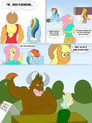 Size: 3061x4125 | Tagged: safe, artist:matchstickman, imported from derpibooru, applejack, fluttershy, rainbow dash, oc, anthro, earth pony, minotaur, pegasus, plantigrade anthro, comic:now i'm a jerk, abs, applejacked, biceps, bread, breasts, busty applejack, busty fluttershy, busty rainbow dash, comic, commission, deltoids, dialogue, female, food, male, mare, muscles, pecs, rainbuff dash, speech bubble, table, thought bubble