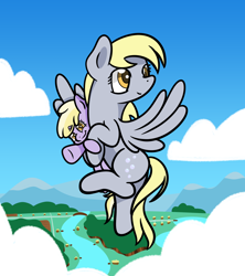 Size: 1920x2164 | Tagged: safe, artist:dinkyuniverse, imported from derpibooru, derpy hooves, dinky hooves, pegasus, pony, unicorn, carrying, cloud, cloudy, derp, equestria's best daughter, equestria's best mother, female, filly, flying, headcanon, like mother like daughter, like parent like child, mare, mother and child, mother and daughter, river, sky, smiling, twirling