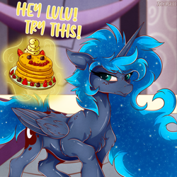 Size: 2000x2000 | Tagged: safe, artist:zuckergelee, imported from derpibooru, princess luna, alicorn, pony, a royal problem, bloodshot eyes, blueberry, ethereal mane, ethereal tail, folded wings, food, freckles, grumpy luna, implied princess celestia, luna is not amused, magic, messy mane, muscles, pancakes, slim, solo, starry mane, starry tail, strawberry, tail, telekinesis, unamused, whipped cream, wings