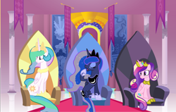 Size: 2156x1368 | Tagged: safe, artist:hugsartist, artist:hunternif, artist:parclytaxel, imported from derpibooru, princess cadance, princess celestia, princess luna, alicorn, pony, alicorn triarchy, female, mare, sitting, throne, yawn