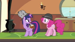 Size: 994x559 | Tagged: safe, imported from derpibooru, screencap, pinkie pie, twilight sparkle, earth pony, pony, unicorn, mmmystery on the friendship express, bubble pipe, deerstalker, detective, duo, duo female, female, hat, hoof hold, open mouth, pipe, sherlock hat, sherlock holmes, sherlock sparkle, train, unicorn twilight, watson
