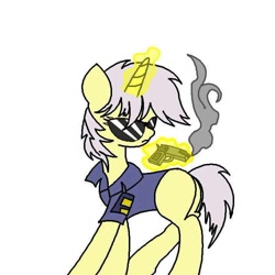 Size: 716x715 | Tagged: safe, artist:beyond_inside, artist:jacqueline351, imported from derpibooru, oc, oc only, oc:snow t. chaos, pony, unicorn, female, glowing horn, gun, horn, magic, mare, police officer, simple background, solo, sunglasses, telekinesis, unicorn oc, weapon, white background