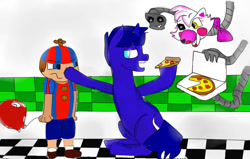 Size: 820x520 | Tagged: safe, artist:beyond_inside, artist:jacqueline351, imported from derpibooru, oc, pony, unicorn, animatronic, balloon boy, five nights at freddy's, food, hat, hoof hold, horn, indoors, mangle, pizza, propeller hat, unicorn oc