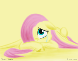 Size: 1400x1100 | Tagged: safe, artist:rockhoppr3, imported from derpibooru, fluttershy, pegasus, pony, cheek fluff, crying, cute, female, floppy ears, hair over one eye, looking at you, looking up, looking up at you, lying down, prone, sad, sadorable, solo, spread wings, teary eyes, unshorn fetlocks, wings, wings down