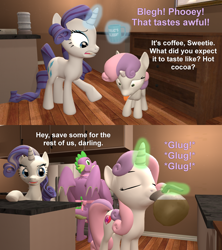 Size: 1920x2160 | Tagged: safe, artist:red4567, imported from derpibooru, rarity, spike, sweetie belle, dragon, pony, unicorn, 3d, apron, clothes, coffee, comic, cutie mark, dialogue, drinking, eyes closed, female, filly, gigachad spike, looking back, looking down, looking over shoulder, magic, magic aura, male, mare, older, older rarity, older spike, older sweetie belle, shipping, skunk stripe, source filmmaker, sparity, straight, time skip, unicorn magic