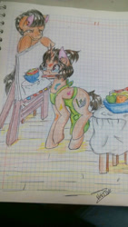 Size: 920x1632 | Tagged: safe, artist:beyond_inside, artist:jacqueline351, imported from derpibooru, oc, oc only, earth pony, pony, unicorn, apron, clothes, duo, earth pony oc, glasses, graph paper, horn, mouth hold, naked apron, painting, signature, smiling, traditional art, unicorn oc