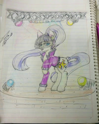 Size: 920x1149 | Tagged: safe, artist:beyond_inside, artist:jacqueline351, imported from derpibooru, coloratura, earth pony, pony, clothes, countess coloratura, female, lined paper, mare, raised hoof, signature, solo, traditional art