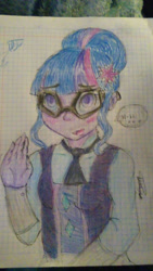 Size: 920x1632 | Tagged: safe, artist:beyond_inside, artist:jacqueline351, imported from derpibooru, sci-twi, twilight sparkle, equestria girls, blushing, clothes, female, glasses, graph paper, hair bun, open mouth, signature, solo, traditional art, waving