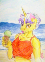 Size: 825x1142 | Tagged: safe, artist:beyond_inside, artist:jacqueline351, imported from derpibooru, oc, oc only, oc:snow t. chaos, anthro, unicorn, :p, beach, bust, female, food, horn, ice cream, ice cream cone, outdoors, signature, solo, tongue out, traditional art, unicorn oc