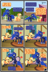 Size: 3255x4838 | Tagged: safe, artist:gutovi, imported from derpibooru, applejack, princess luna, alicorn, earth pony, pony, comic:why me!?, alternate ending, comic, female, floppy ears, glowing, glowing horn, hat, horn, lesbian, lunajack, shipping, show accurate, sweet apple acres, tree