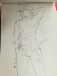 Size: 1488x1984 | Tagged: safe, artist:beyond_inside, artist:jacqueline351, imported from derpibooru, big macintosh, human, abs, arm behind head, armpits, clothes, humanized, male, pants, partial nudity, signature, solo, topless, traditional art