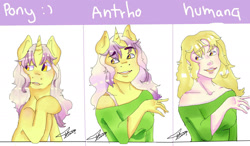 Size: 1417x827 | Tagged: safe, artist:beyond_inside, artist:jacqueline351, imported from derpibooru, oc, oc only, oc:snow t. chaos, anthro, human, pony, unicorn, anthro with ponies, bust, clothes, female, horn, humanized, mare, signature, smiling, unicorn oc