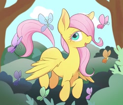 Size: 2048x1750 | Tagged: safe, artist:noupu, imported from derpibooru, fluttershy, butterfly, pegasus, pony, the cutie mark chronicles, blank flank, blushing, cute, female, filly, filly fluttershy, hair over one eye, looking at you, open mouth, outdoors, scene interpretation, shyabetes, smiling, so many wonders, solo, spread wings, three quarter view, tree, wings, younger