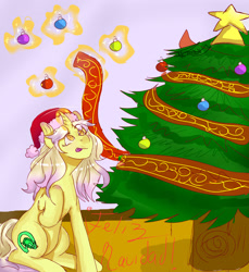 Size: 2345x2558 | Tagged: safe, artist:beyond_inside, artist:jacqueline351, imported from derpibooru, oc, oc only, oc:snow t. chaos, pony, unicorn, bauble, christmas, christmas tree, female, glowing horn, hat, holiday, horn, licking, licking lips, looking up, magic, mare, raised hoof, santa hat, signature, sitting, solo, telekinesis, tongue out, tree, unicorn oc
