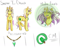 Size: 2007x1653 | Tagged: safe, artist:beyond_inside, artist:jacqueline351, imported from derpibooru, oc, oc only, oc:snow t. chaos, pony, unicorn, bust, female, horn, jewelry, mare, necklace, open mouth, reference sheet, signature, simple background, smiling, unicorn oc, white background