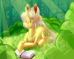 Size: 1475x1181 | Tagged: safe, artist:beyond_inside, artist:jacqueline351, imported from derpibooru, oc, oc only, oc:snow t. chaos, pony, unicorn, book, crepuscular rays, female, forest, horn, jewelry, lying down, mare, necklace, outdoors, prone, reading, signature, smiling, solo, tree, unicorn oc