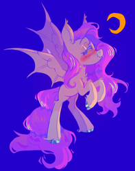 Size: 1166x1477 | Tagged: safe, artist:occultusion, artist:onionpwder, imported from derpibooru, fluttershy, bat pony, pony, bat ponified, bat wings, blue background, blushing, chest fluff, cloven hooves, colored hooves, crescent moon, eyes closed, fangs, female, flutterbat, mare, missing cutie mark, moon, profile, race swap, simple background, smiling, solo, spread wings, unshorn fetlocks, wing hooks, wings