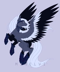 Size: 2076x2500 | Tagged: safe, artist:minelvi, imported from derpibooru, oc, oc only, pegasus, pony, clothes, commission, ear fluff, eyelashes, gray background, pegasus oc, rearing, signature, simple background, socks, solo, wings, ych result