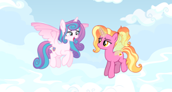 Size: 12118x6534 | Tagged: safe, artist:kojibiose, imported from derpibooru, luster dawn, princess flurry heart, alicorn, pony, unicorn, absurd resolution, artificial wings, augmented, cloud, cutie mark, duo, female, females only, flying, horn, magic, magic wings, mare, older, older flurry heart, sky, wings