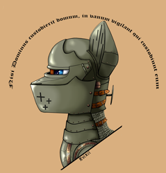 Size: 3232x3376 | Tagged: safe, artist:kviksi, imported from derpibooru, oc, oc only, earth pony, pony, armor, blue eyes, bust, knight, latin, military, military pony, portrait, simple background, solo, translation request