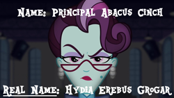 Size: 1280x720 | Tagged: safe, edit, edited screencap, imported from derpibooru, screencap, grogar, hydia, principal abacus cinch, equestria girls, friendship games, erebus, headcanon, name, solo