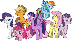 Size: 6228x3590 | Tagged: safe, artist:alexdti, imported from derpibooru, applejack, fluttershy, pinkie pie, rainbow dash, rarity, starlight glimmer, twilight sparkle, alicorn, earth pony, pegasus, pony, unicorn, abstract background, applejack's hat, cowboy hat, eyes closed, female, freckles, hat, mane six, mare, open mouth, raised hoof, simple background, smiling, transparent background, twilight sparkle (alicorn), wings