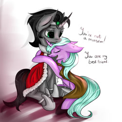 Size: 2000x2000 | Tagged: safe, artist:magicbalance, idw, imported from derpibooru, king sombra, radiant hope, pony, umbrum, unicorn, cape, clothes, crown, crying, female, hopebra, hug, jewelry, male, mare, reformed sombra, regalia, shipping, stallion, straight