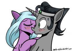 Size: 1024x724 | Tagged: safe, artist:sesta-outlaw, idw, imported from derpibooru, king sombra, radiant hope, pony, unicorn, crown, female, hopebra, jewelry, kissing, male, mare, reformed sombra, regalia, shipping, simple background, stallion, straight, white background