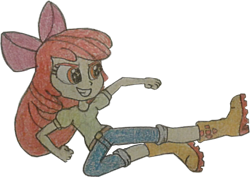 Size: 1600x1134 | Tagged: safe, artist:jebens1, artist:therandomone95, imported from derpibooru, apple bloom, equestria girls, apple bloom's bow, boots, bow, clothes, cropped, hair bow, jeans, martial arts, pants, shoes, smiling, solo, traditional art