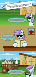 Size: 1280x2680 | Tagged: safe, artist:ladyanidraws, imported from derpibooru, oc, oc:sunshine morning, earth pony, pony, ask pun, ask, cart, sunglasses