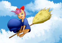 Size: 1280x887 | Tagged: safe, artist:gloomydinosaur, imported from derpibooru, scootaloo, pegasus, pony, anime, anime style, broom, clothes, cloud, cosplay, costume, cute, female, kiki's delivery service, open mouth, ribbon, sky, solo, studio ghibli, weapons-grade cute