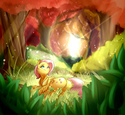 Size: 1280x1184 | Tagged: safe, artist:gloomydinosaur, imported from derpibooru, fluttershy, pegasus, pony, butt, cute, flutterbutt, forest, lens flare, plot, shyabetes, solo, sunlight, sunset, tree