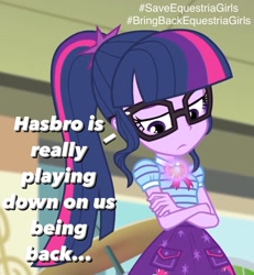 Size: 1135x1226 | Tagged: safe, artist:luigigamer25, edit, edited screencap, imported from derpibooru, screencap, sci-twi, twilight sparkle, equestria girls, equestria girls series, overpowered (equestria girls), bowtie, clothes, comments locked down, crossed arms, cutie mark, cutie mark on clothes, discussion in the comments, geode of telekinesis, glasses, glowing geode, looking down, magical geodes, meta, op can't let go, op needs to stop, ponytail, sad, save equestria girls, twitter