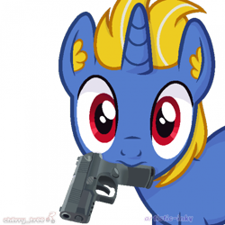 Size: 700x700 | Tagged: safe, artist:artistic-inky, imported from derpibooru, oc, oc only, oc:solidshot, unicorn, gun, handgun, horn, mouth hold, pistol, single, unicorn oc, weapon