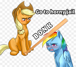 Size: 1280x1132 | Tagged: safe, artist:gloomydinosaur, imported from derpibooru, applejack, rainbow dash, earth pony, pegasus, pony, alpha channel, baseball bat, blushing, bonk, checkered background, duo, horny jail, meme, one eye closed, open mouth, ponified meme, simple background