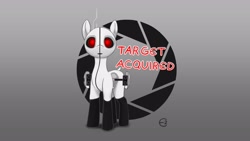 Size: 2560x1440 | Tagged: safe, artist:expression2, pony, robot, robot pony, aperture science, dialogue, gun, looking at you, ponified, portal (valve), solo, this will end in pain and/or death, turret, weapon