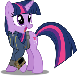 Size: 5089x5000 | Tagged: safe, artist:ponygamer2020, imported from derpibooru, twilight sparkle, pony, unicorn, fallout equestria, clothes, fallout, female, jumpsuit, open mouth, pipboy, raised hoof, simple background, solo, transparent background, unicorn twilight, vault suit, vector