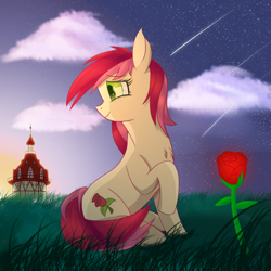 Size: 2500x2500 | Tagged: safe, artist:divifilly, imported from derpibooru, roseluck, earth pony, pony, flower, grass, grass field, rose, sky, solo