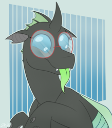 Size: 1035x1187 | Tagged: safe, artist:2k.bugbytes, imported from ponybooru, oc, oc only, oc:yvette (evan555alpha), changeling, bust, cute, dorsal fin, fangs, female, glasses, horn, looking to side, looking to the right, smiling, solo, tongue out, weapons-grade cute